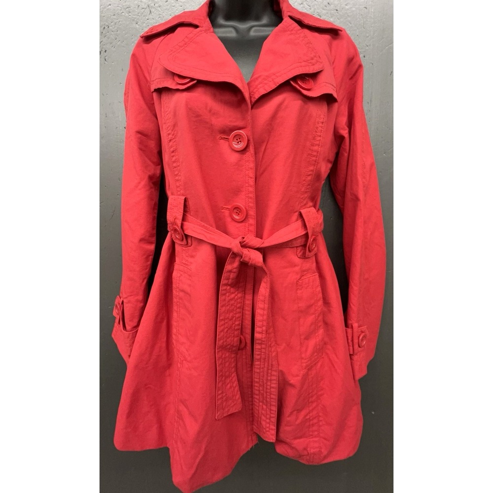Trench Coat Women M Red Belted Pockets Cotton Nylon Preppy Rain Jacket